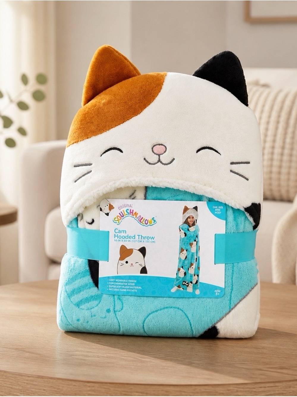 Squishmallows Cat Cam Hooded Throw - Aqua, White, Orange & Black